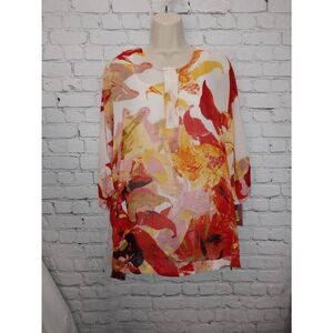 Tanjay Women's Size PETITE Small Orange/Red Sheer Lined Blouse